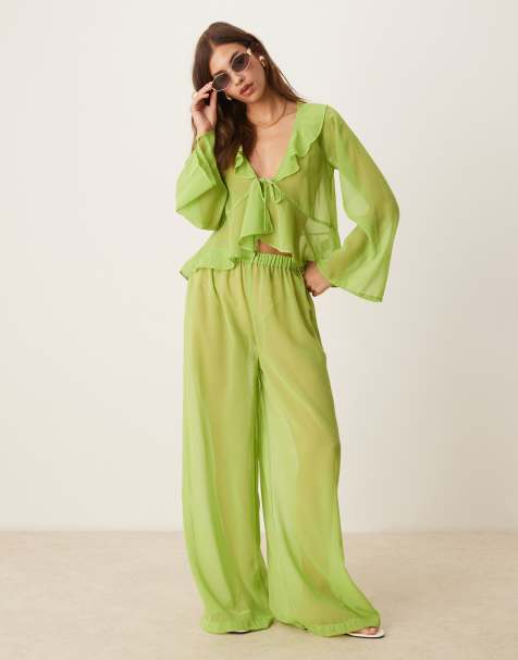 Esmee Exclusive mesh beach co-ord with ruffle detail in green - view 1