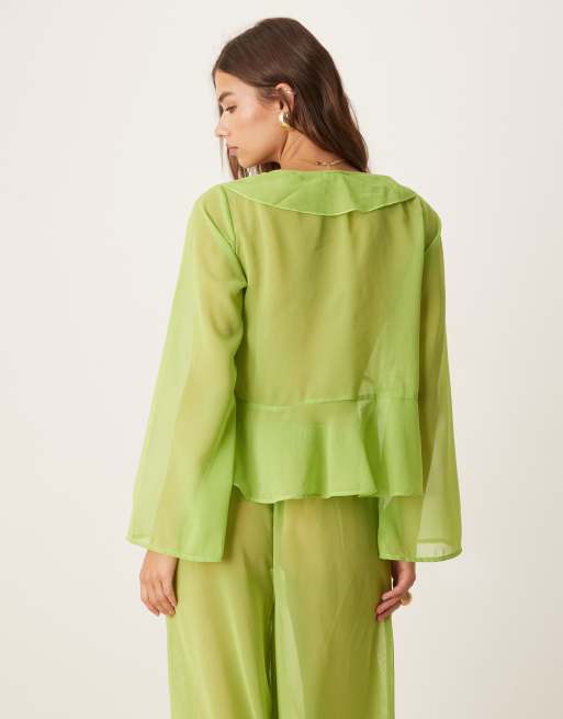 Esmee Exclusive mesh long sleeve beach crop top co-ord with ruffle detail in green, 4 of 4