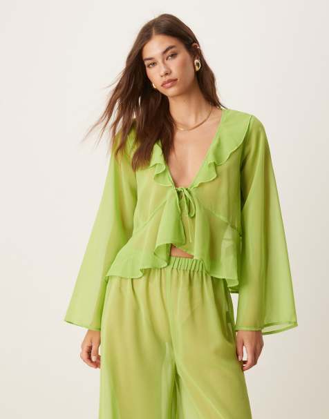Esmee exclusive mesh long sleeve beach crop top with ruffle detail in green (Part of a set) - view 1