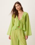 [Esmée] Esmee exclusive mesh long sleeve beach crop top with ruffle detail in green (Part of a set) 8 Green
