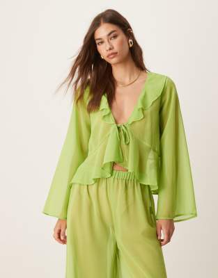 Esmée Esmee Exclusive Mesh Long Sleeve Beach Crop Top With Ruffle Details