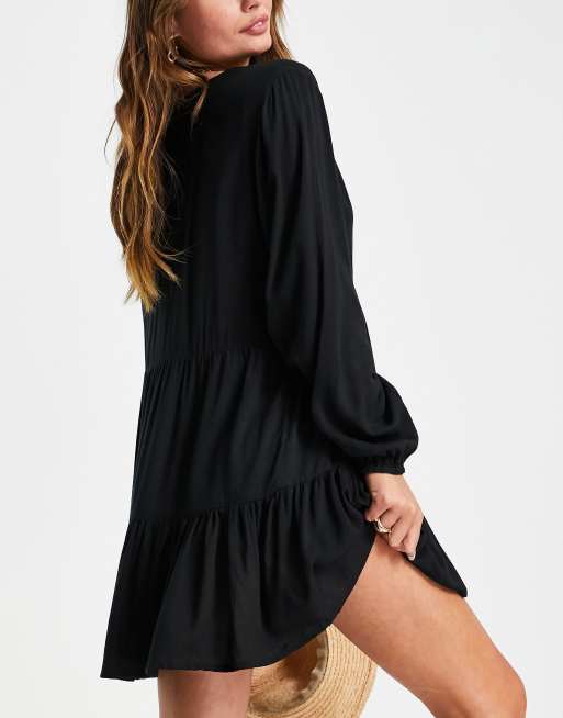 Esmee Exclusive mini tiered smock summer dress with long sleeve in black |  ASOS