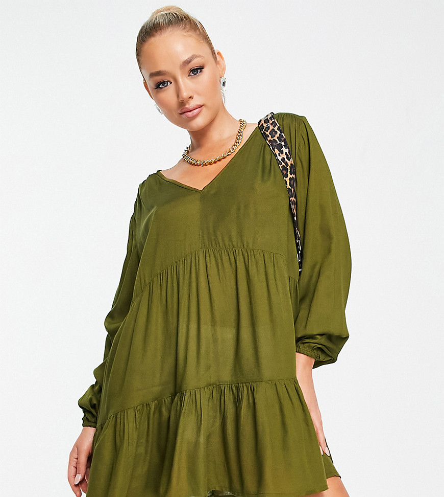 Esmee Exclusive mini tiered smock summer dress with long sleeve in khaki-Green
