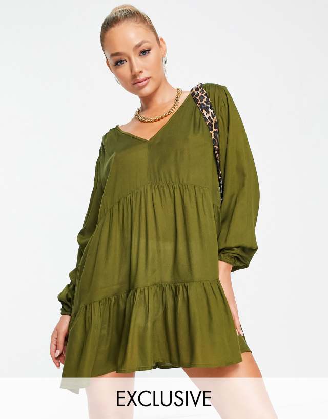 Esmee Exclusive mini tiered smock summer dress with long sleeve in khaki