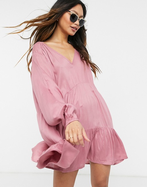 Esmee Exclusive mini tried smock dress with long sleeve in dusky pink