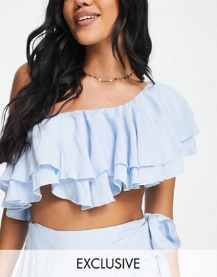 Esmee Exclusive one shoulder frill crop beach top co-ord in blue