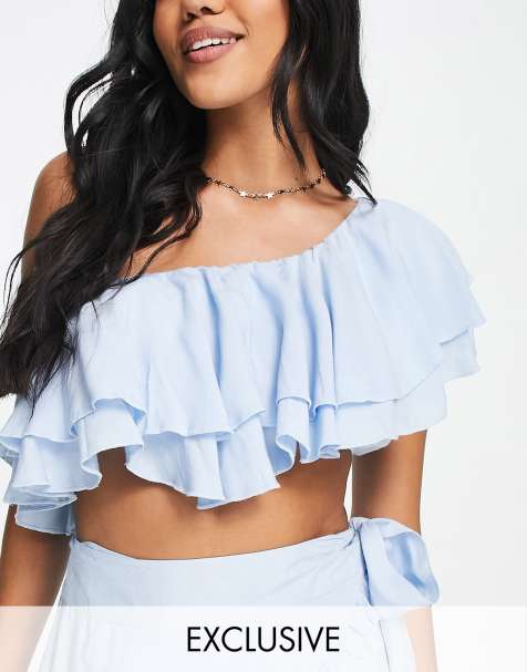Esmee Exclusive one shoulder frill crop beach top co-ord in blue - view 1