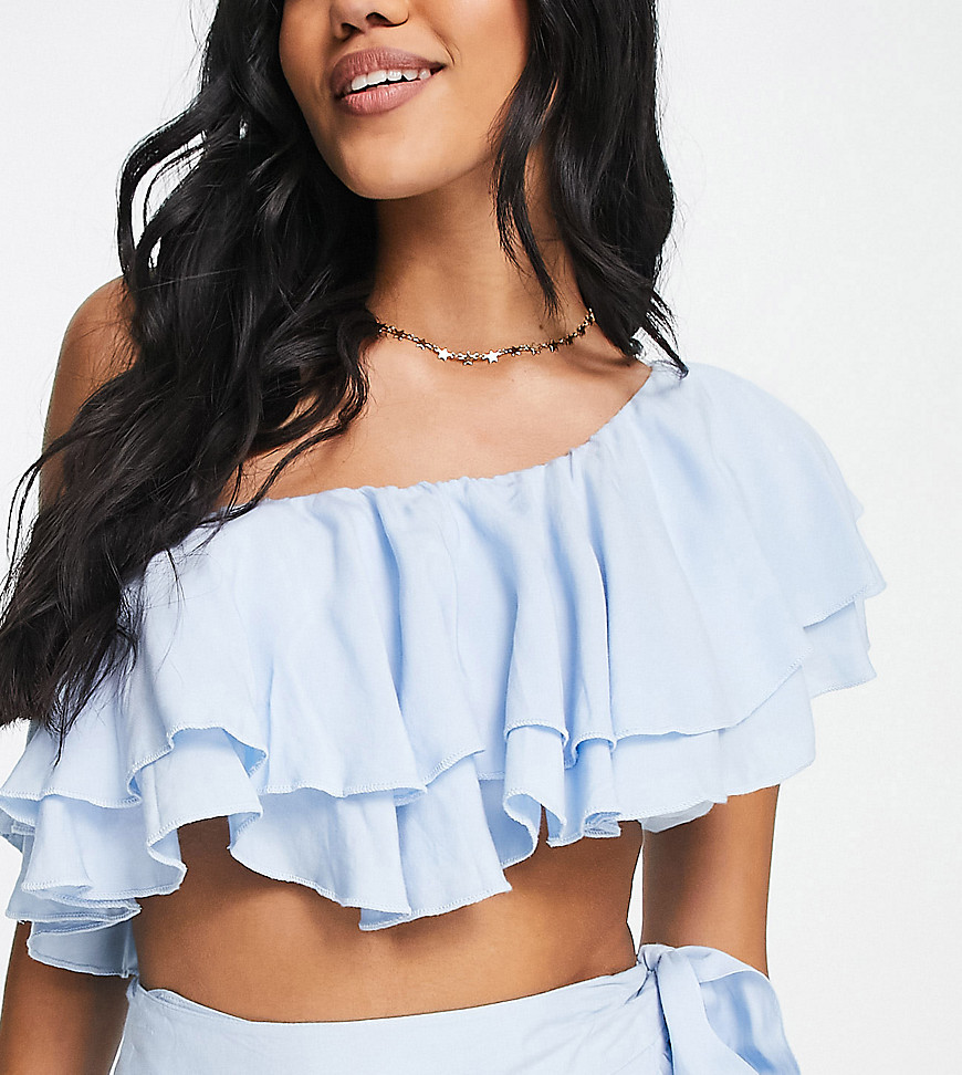 Esmee Exclusive one shoulder frill crop beach top in blue - part of a set