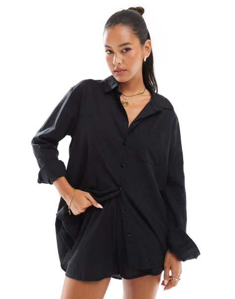 Esmee Exclusive oversized long sleeve beach shirt in black (part of a set) - view 1