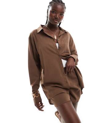 Exclusive oversized long sleeve beach shirt in coffee - part of a set-Brown