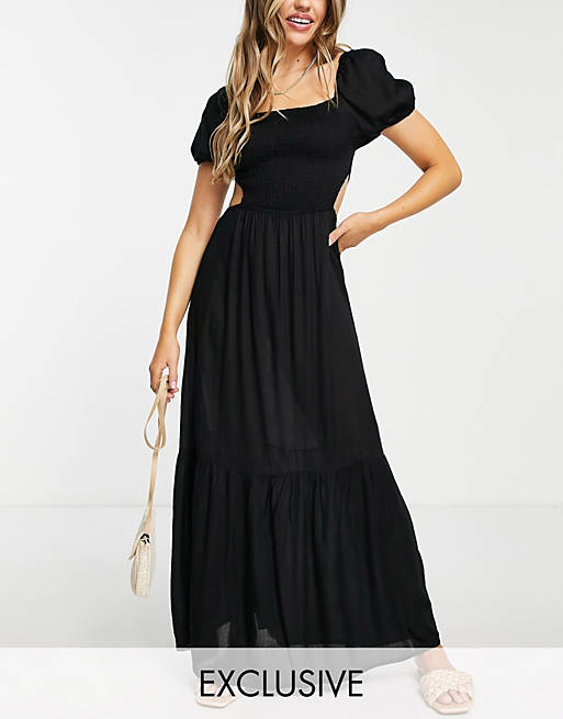 Women Esmee Exclusive puff sleeve beach dress with sherring detail in black 