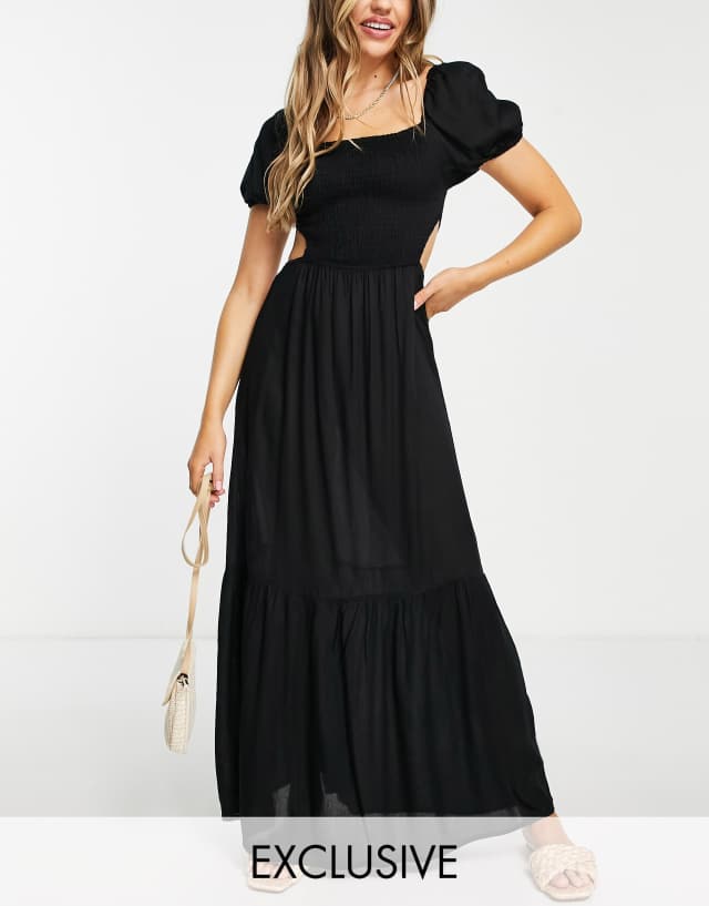 Esmee Exclusive puff sleeve beach dress with sherring detail in black