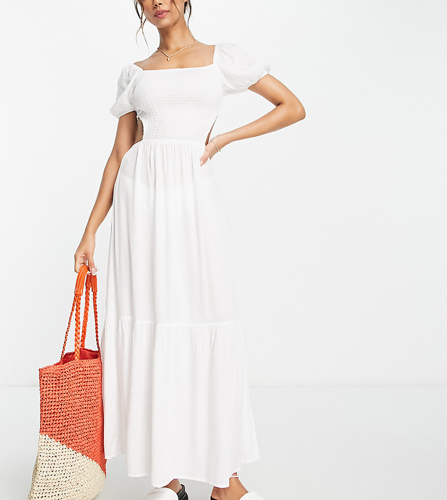Esmée Esmee Exclusive puff sleeve beach dress with shirring detail in white