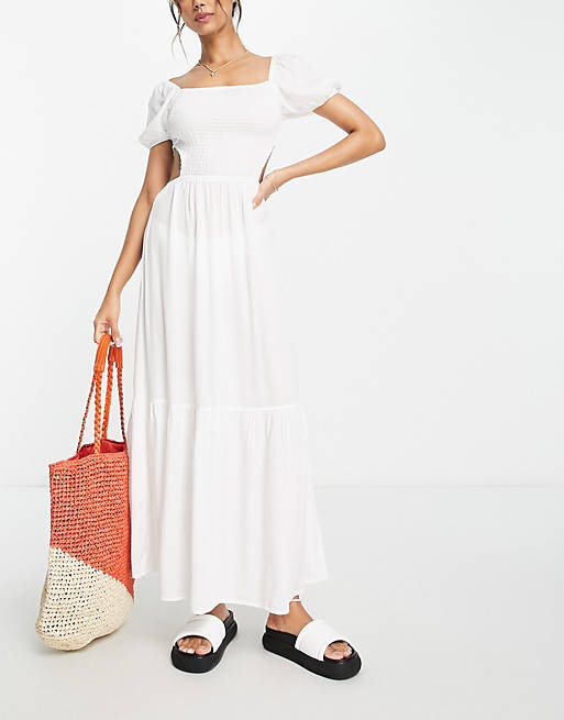 Esmee Exclusive puff sleeve beach dress with shirring detail in white
