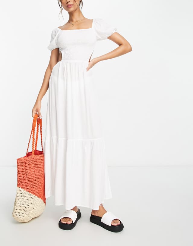 Esmee Exclusive puff sleeve beach dress with shirring detail in white