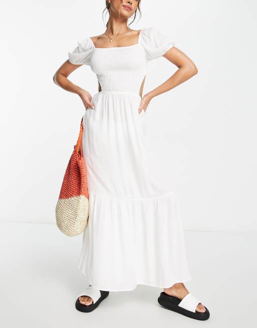 Esmee Exclusive puff sleeve beach summer maxi dress with shirring detail in white