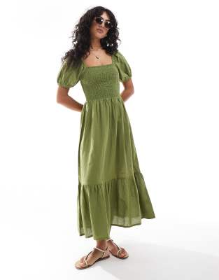 Esmée Exclusive puff sleeve maxi beach dress in green