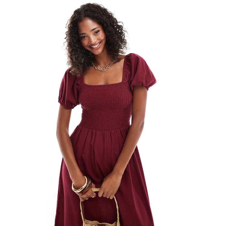 Esmee Exclusive puff sleeve midi beach dress in cherry red