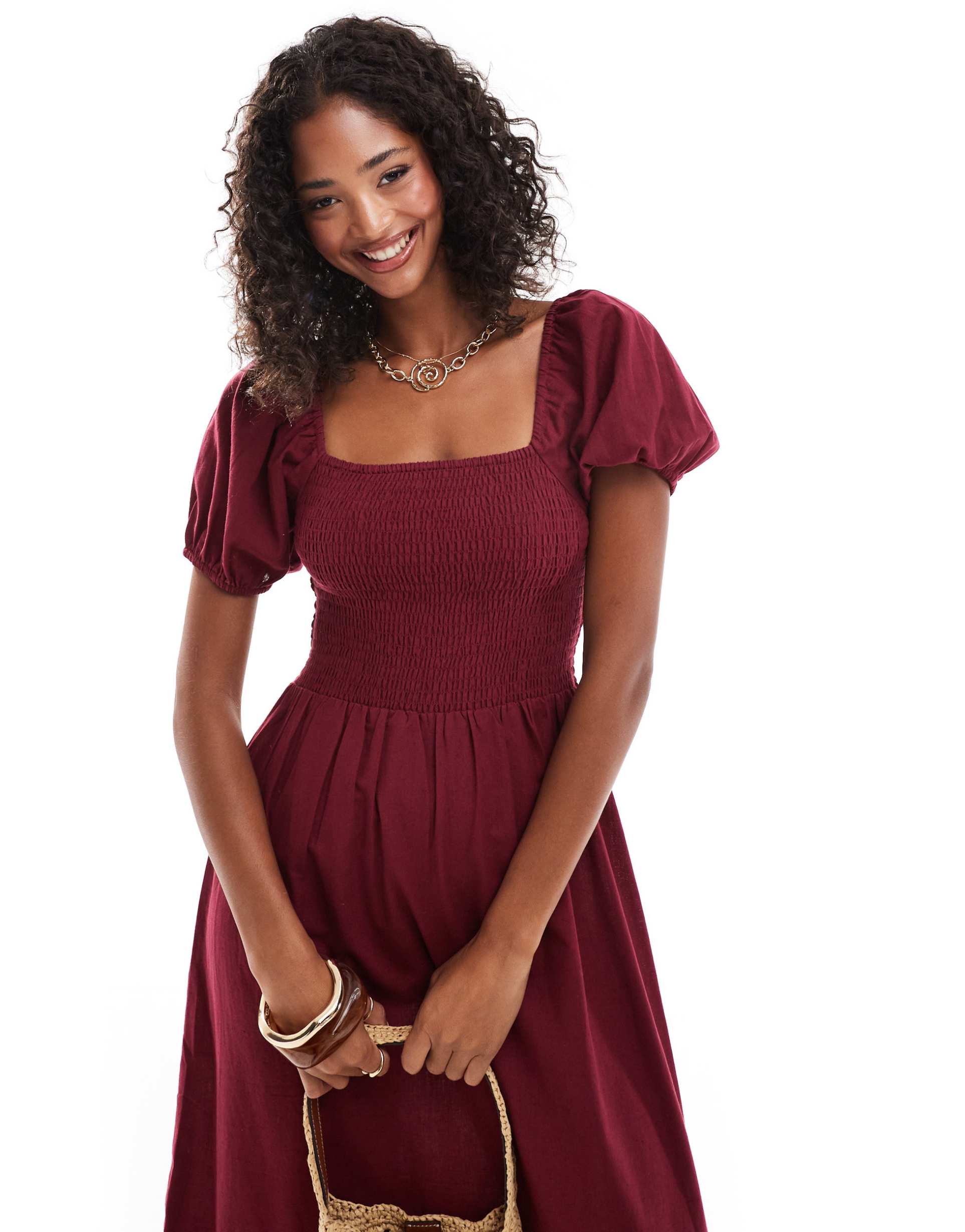 esmee exclusive puff sleeve midi beach dress in cherry red