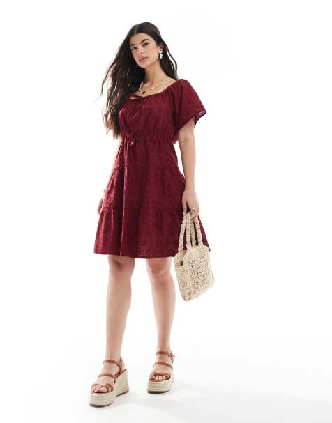 Esmee Exclusive puff sleeve mini beach dress in cherry red - view 1