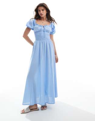 Esmee Exclusive puff sleeve tie front maxi beach dress in blue