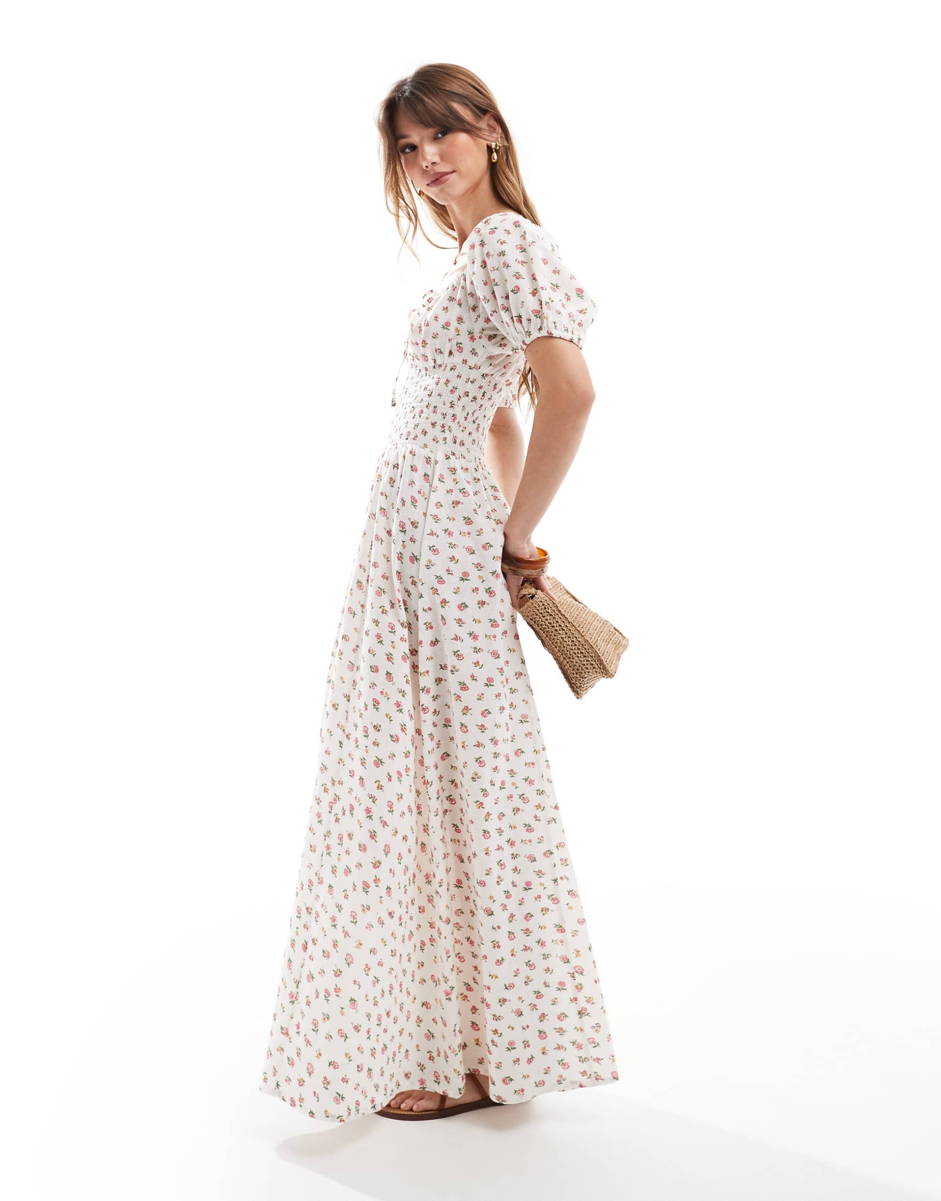 esmee exclusive puff sleeve tie front maxi beach dress in floral