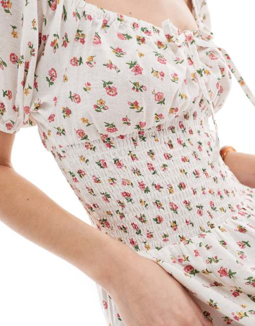 Esmee Exclusive puff sleeve tie front maxi beach dress in floral