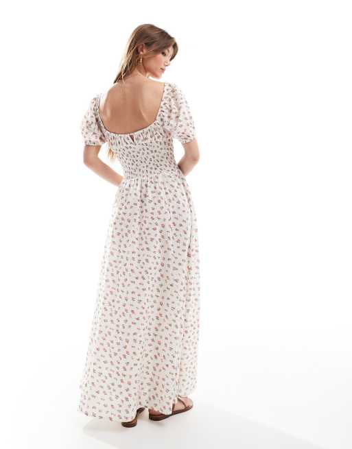Esmee Exclusive puff sleeve tie front maxi beach dress in floral