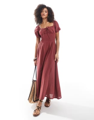 Esmee Exclusive puff sleeve tie front maxi beach dress in marsala-No color