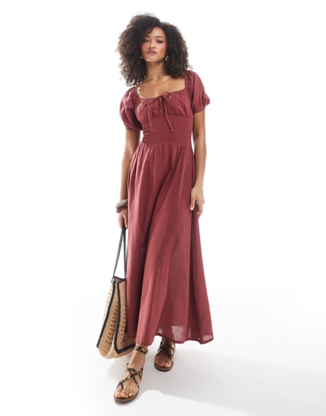 Esmee Exclusive puff sleeve tie front maxi beach dress in marsala