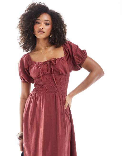 Esmee Exclusive puff sleeve tie front maxi beach dress in marsala