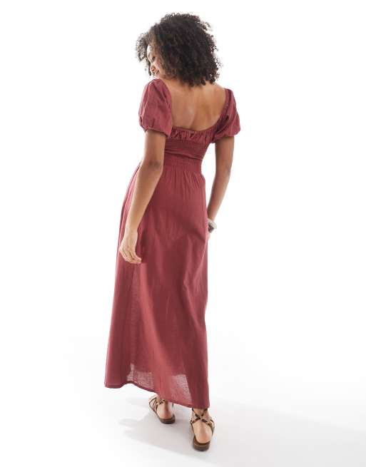 Esmee Exclusive puff sleeve tie front maxi beach dress in marsala