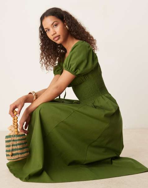 Esmee Exclusive puff sleeve tie front maxi beach dress in olive - view 1