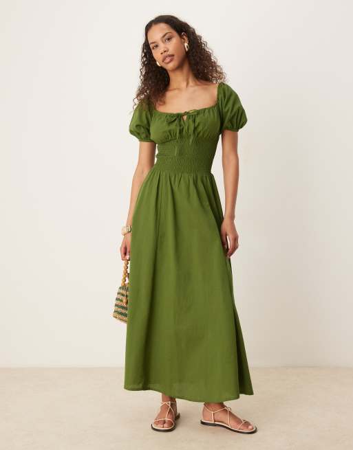 Esmee Exclusive puff sleeve tie front maxi beach dress in olive