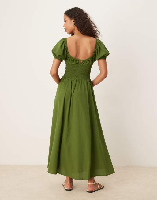 Esmee Exclusive puff sleeve tie front maxi beach dress in olive