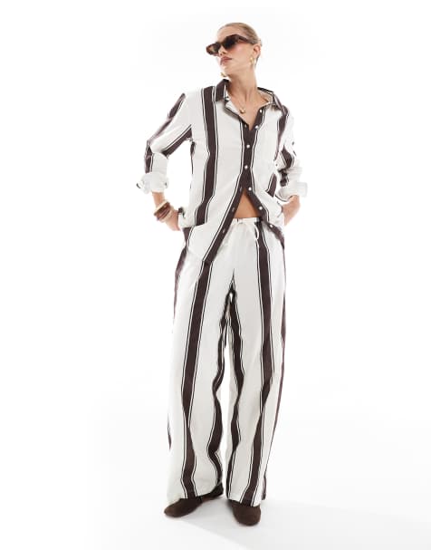 Esmee Exclusive relaxed beach trouser in brown and cream stripe - view 1
