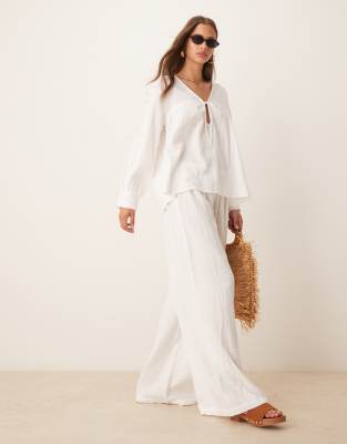 Exclusive relaxed fit tie front beach pants in white
