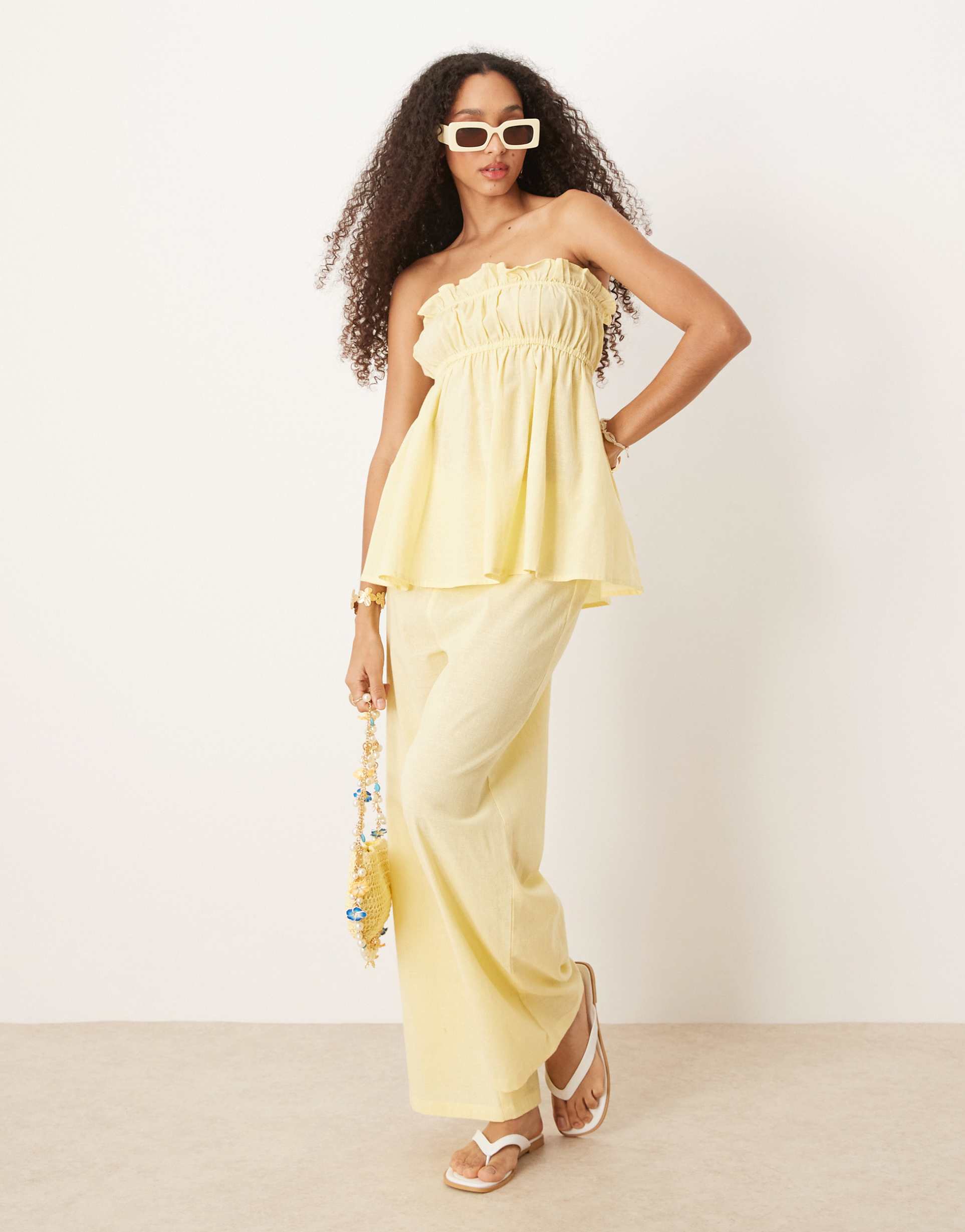 esmee exclusive relaxed leg linen blend pants in butter yellow