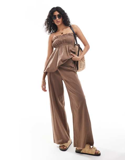 Esmee Exclusive relaxed leg linen blend pants in coffee - view 1