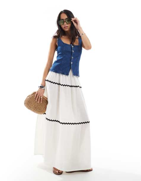 Esmee Exclusive ric rac maxi tiered beach skirt in white and black