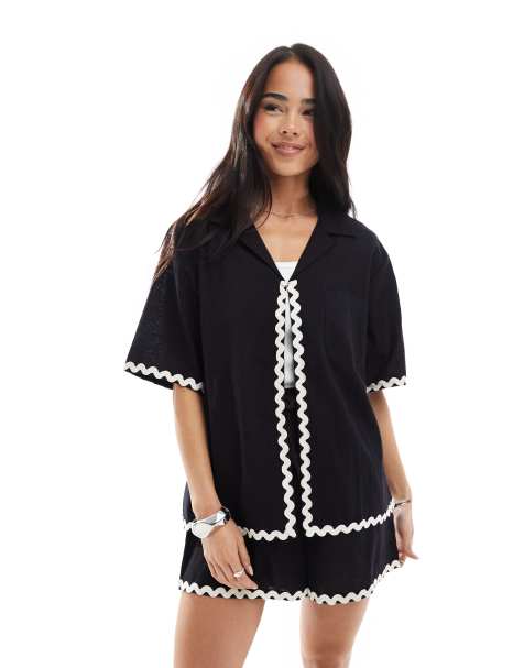 Esmée Exclusive ric rac short sleeve beach shirt in black - part of a set - view 1
