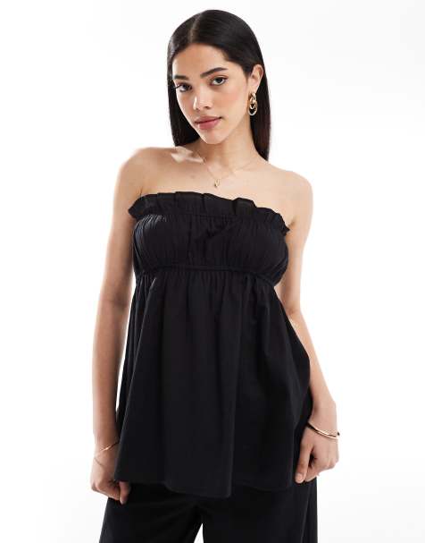 Esmee Exclusive ruched bandeau linen look top in black - view 1