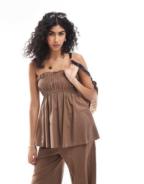 Esmee Exclusive ruched bandeau linen look top in coffee - view 1