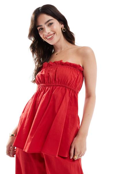 Esmee Exclusive ruched bandeau linen look top in red - view 1