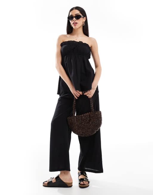 Esmée Exclusive ruched bandeau linen mix top in black, 3 of 4