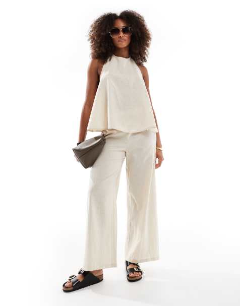 Esmée - Exclusive - Ruimvallende strandbroek met linnen in beige - view 1