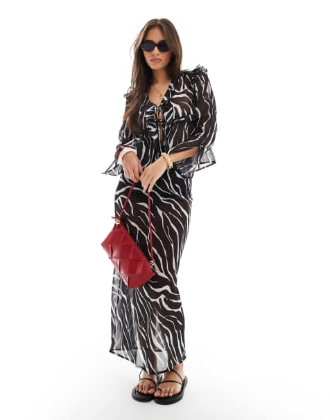 Esmee Exclusive sheer beach co-ord with ruffle trim in zebra - view 1