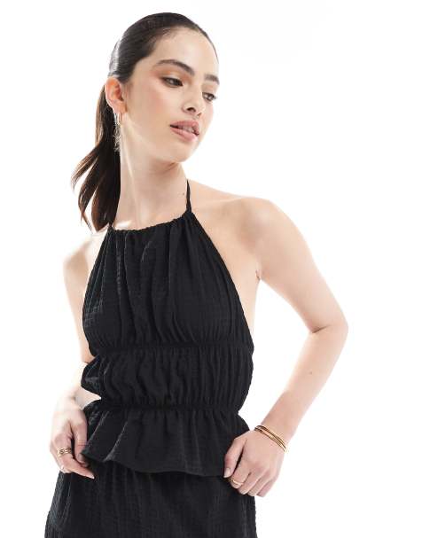 Esmee Exclusive sheer open back halter neck beach top co-ord in textured black