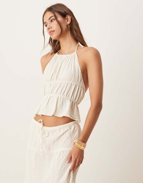 Esmee Exclusive sheer open back halter neck beach top co-ord in textured cream - view 1