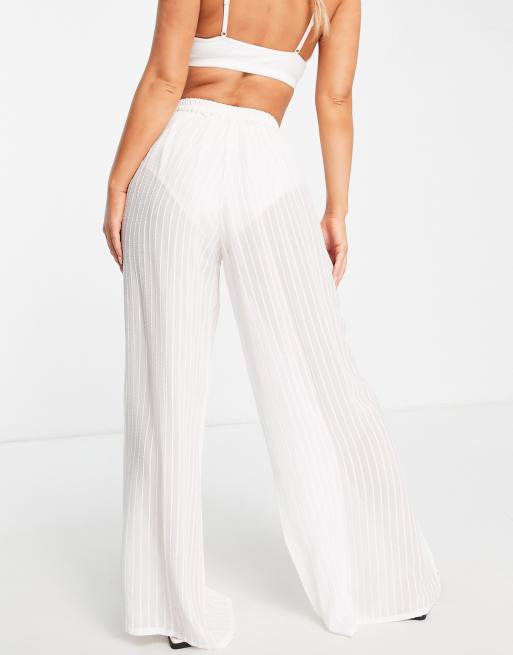 Sheer White Lace Beach Pants with Fold-Over Waistband - Sunnyside Swimwear